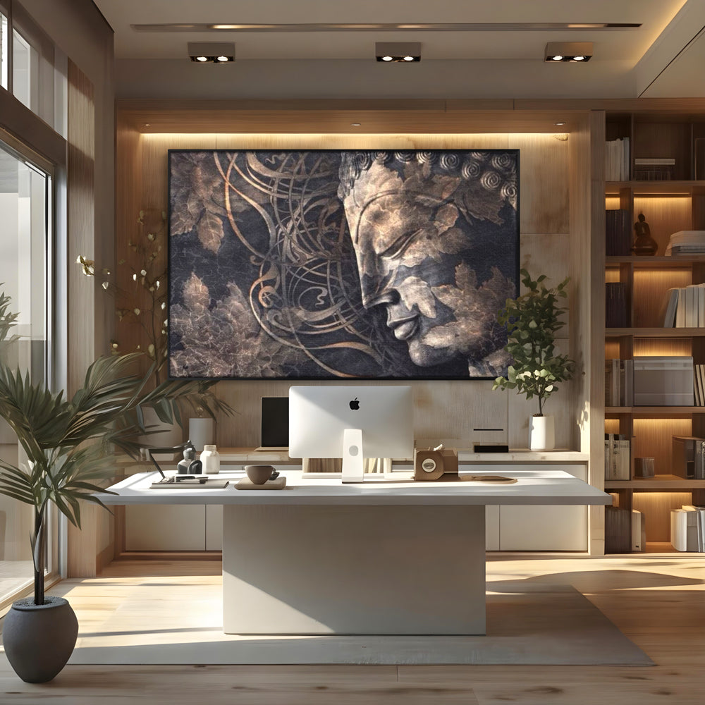 Tablou canvas cu tablou canvas cu profil de buddha, in rama de aluminiu negru, pe perete intr-un birou